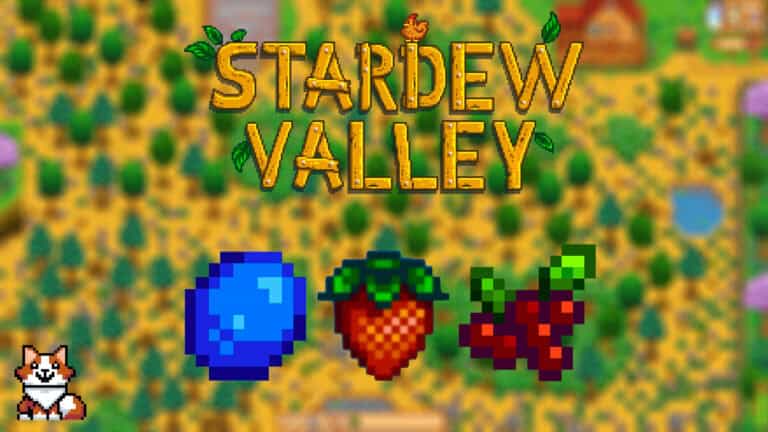 Images of blueberries, strawberries, and cranberries in Stardew Valley.