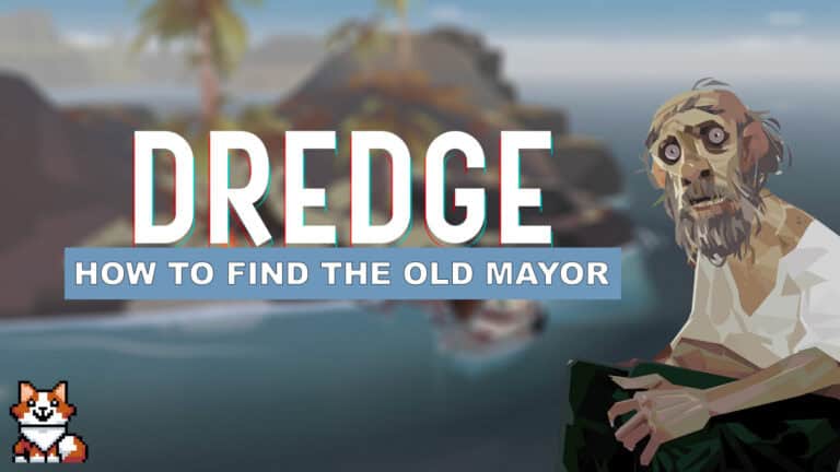 An image showing the Dredge title set against a Makeshift Camp with the Old Mayor to the right of the image.