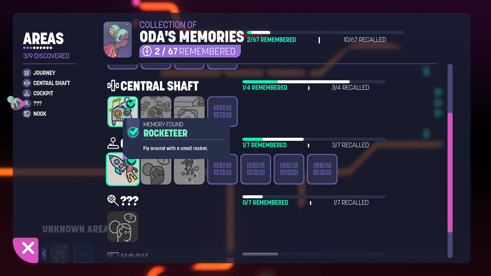 A screenshot of Space Sprouts, showing the game's memories. 